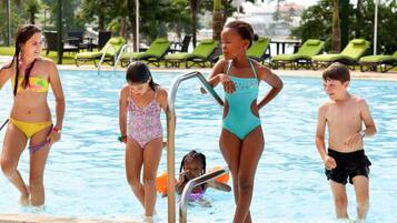 Outdoor pool, pool umbrellas, pool loungers