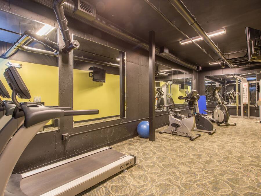A gym with treadmills, exercise balls, and weight machines.