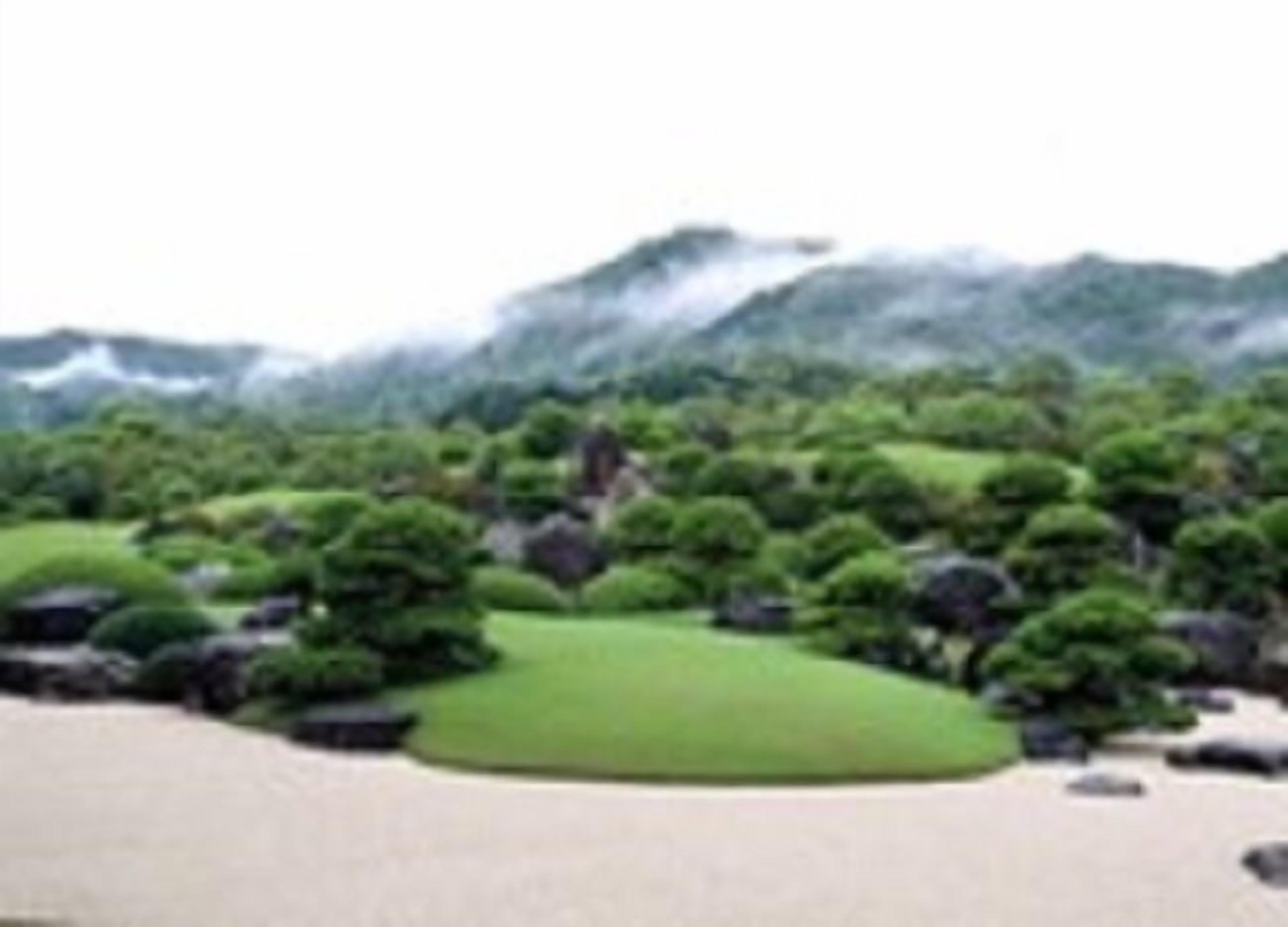 A serene landscape with a well-manicured lawn, a variety of shrubs, and a backdrop of mountains.