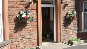 Un edificio de ladrillo con una puerta de madera y una planta en maceta en el interior.