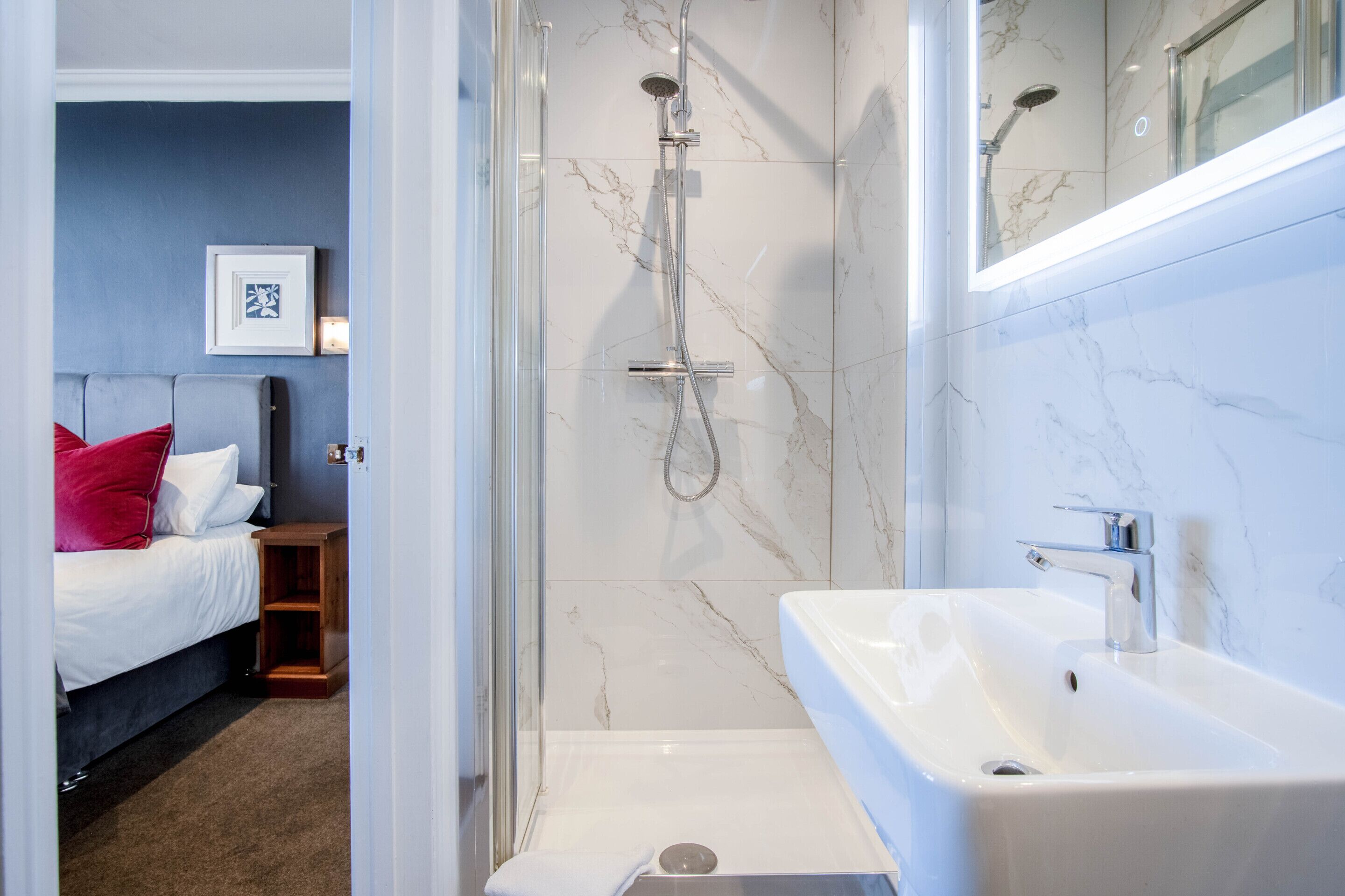 A modern bathroom with a shower, a sink, and a bed with red pillows.