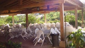 A covered outdoor seating area with plastic chairs and tables, surrounded by greenery. - Hotel Casa Rural Ropino (Candeleda)