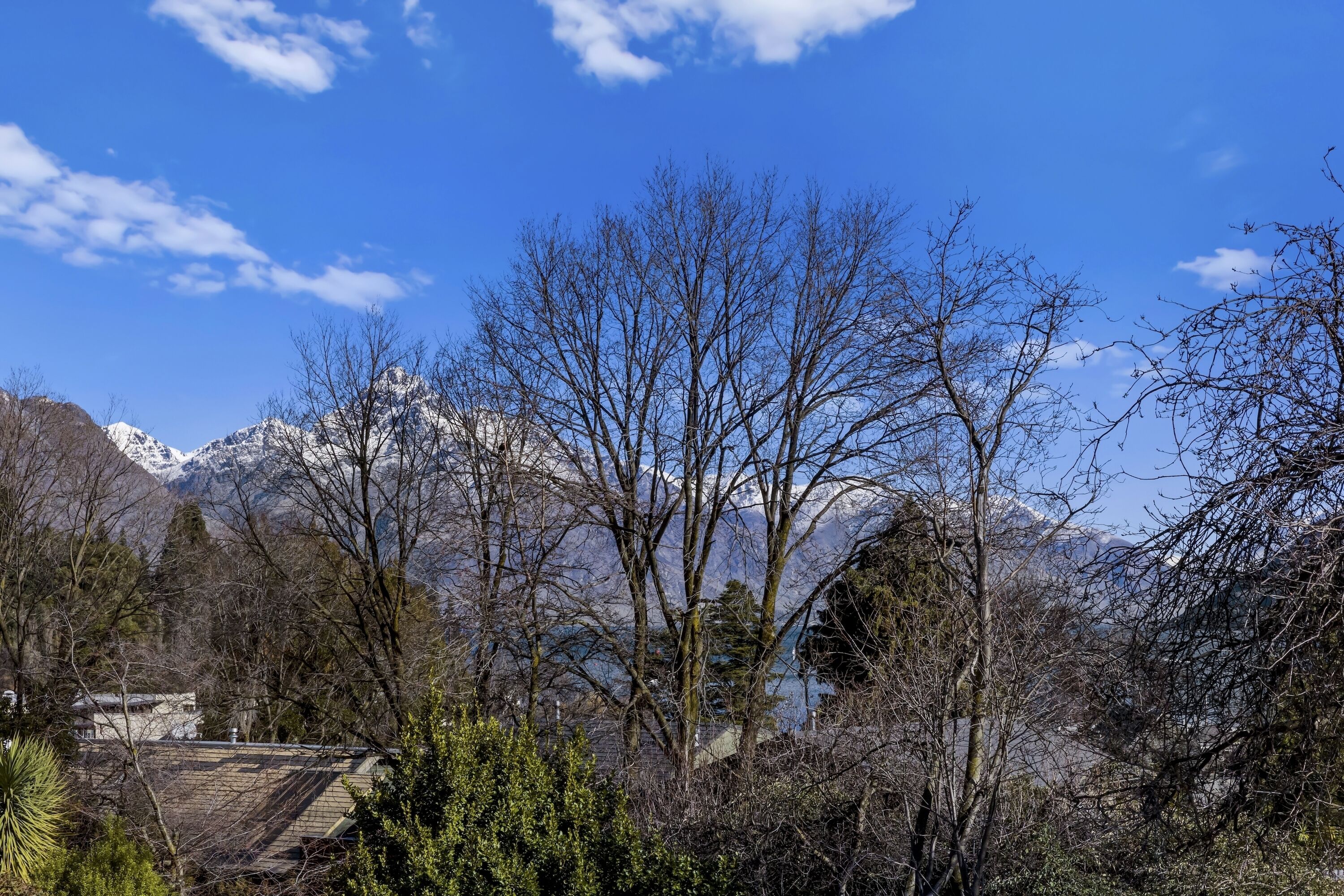 Eine Berglandschaft mit schneebedeckten Gipfeln, kahlen Bäumen und blauem Himmel.