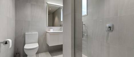 A modern bathroom with a toilet, sink, and mirror.