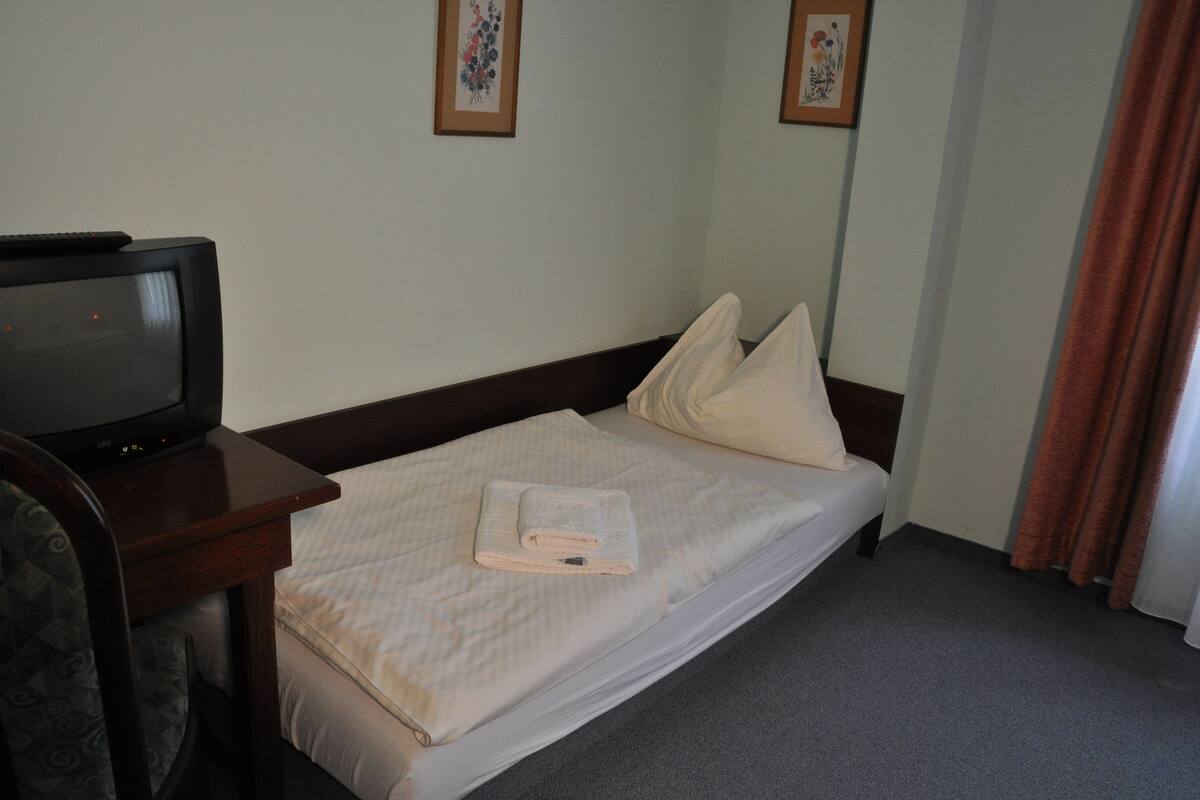 Una cama individual con colchón y almohadas blancos, una mesita de noche de madera con un televisor, y dos cuadros enmarcados en la pared.