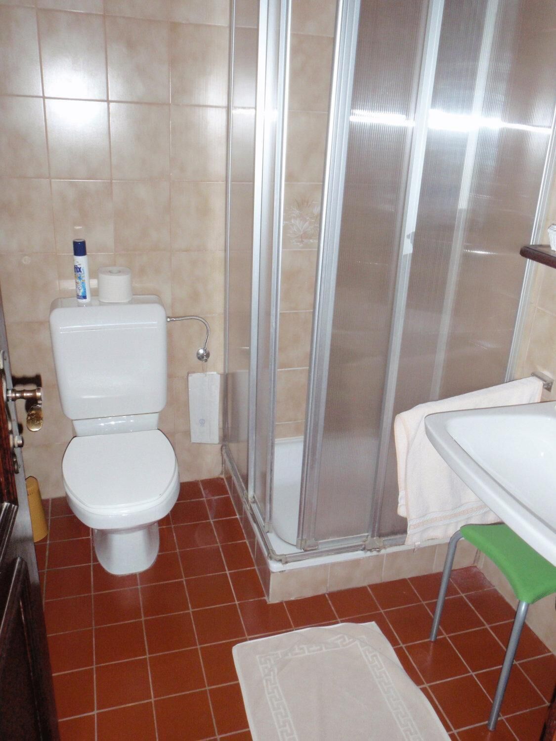 Un baño con inodoro, ducha y lavabo.