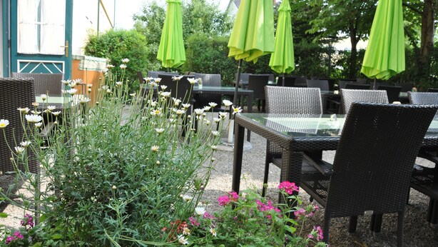 Een terras buiten met rieten meubilair, groene parasols en een tuin met bloemen.
