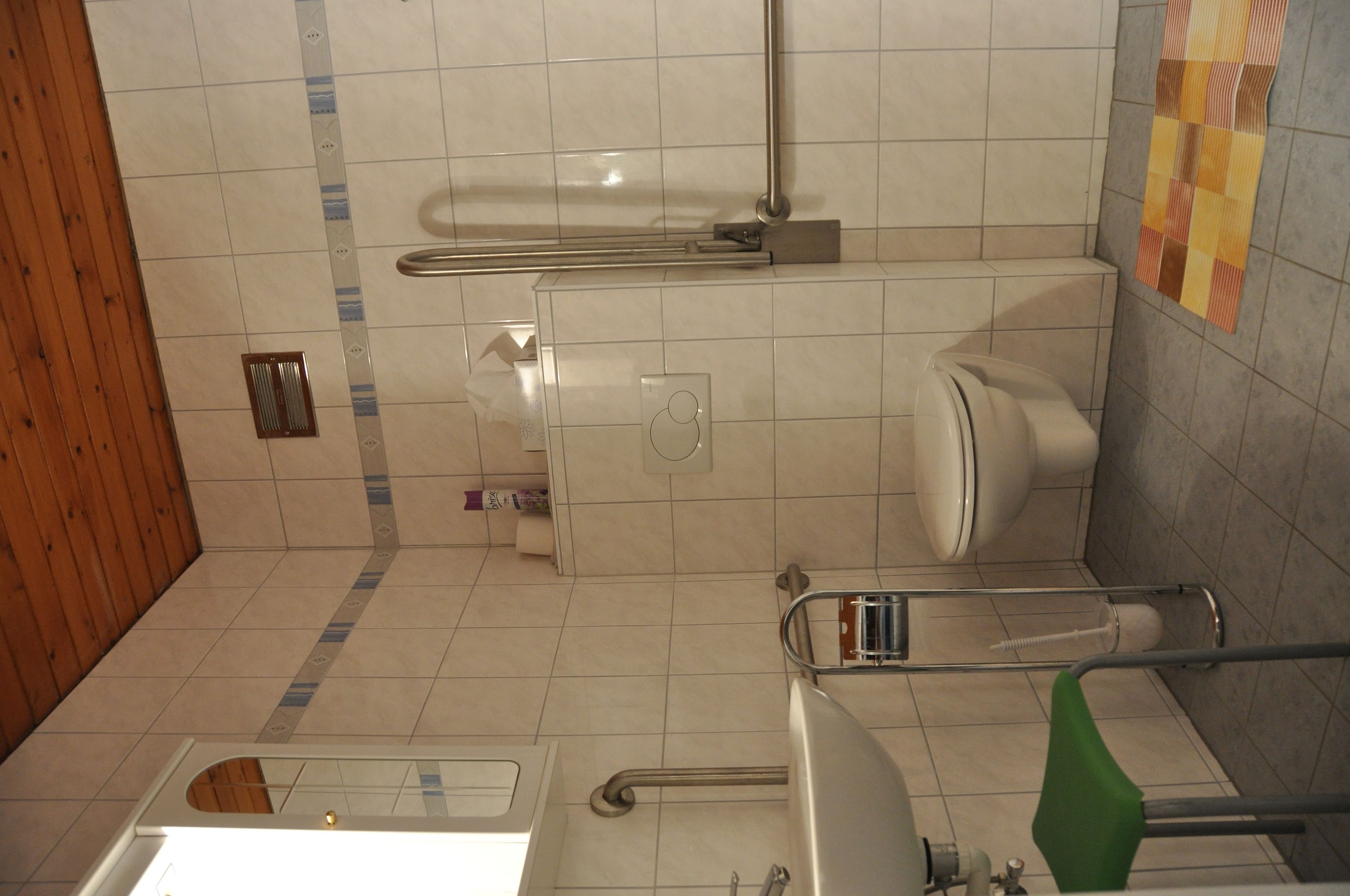 Un baño con inodoro, bidé y barra de apoyo.
