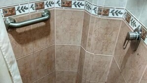 A shower area with a handrail, tiled walls, and a drain. - Jeshua Inn Guayaquil (Guayaquil)