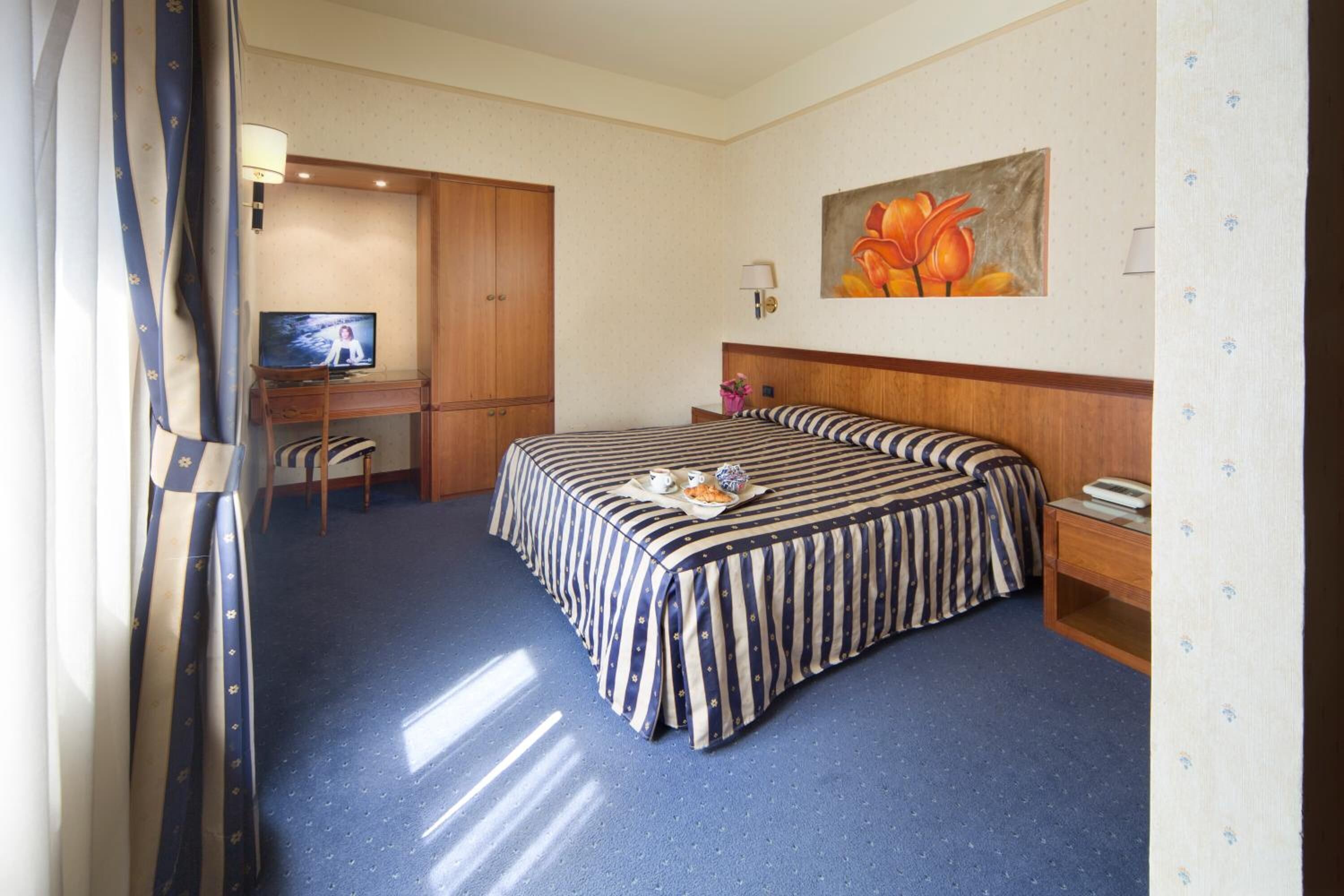 Una habitación de hotel con una cama, un escritorio, un televisor y un cuadro en la pared.