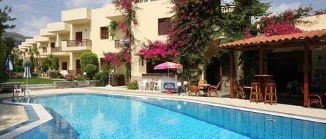 Seasonal outdoor pool, pool umbrellas, pool loungers