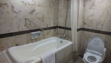 A bathroom with a bathtub, a toilet, and a shower.