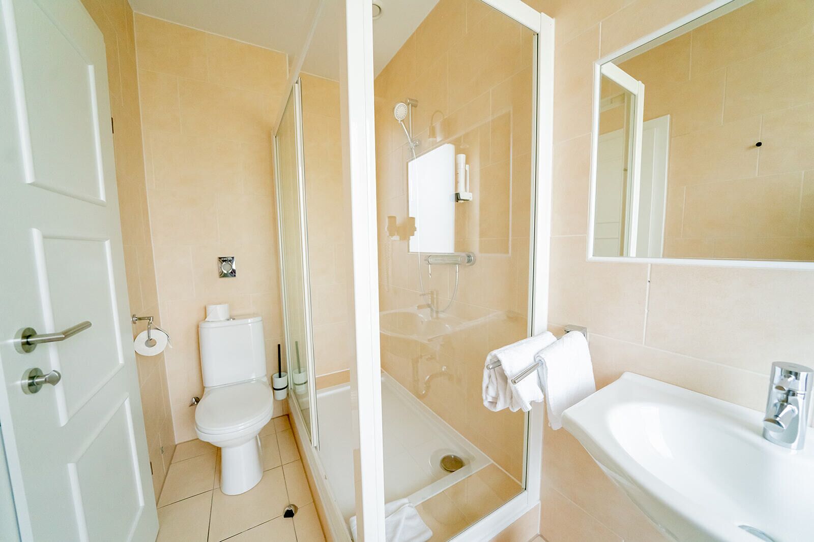 A bathroom with a toilet, shower, sink, and a mirror.