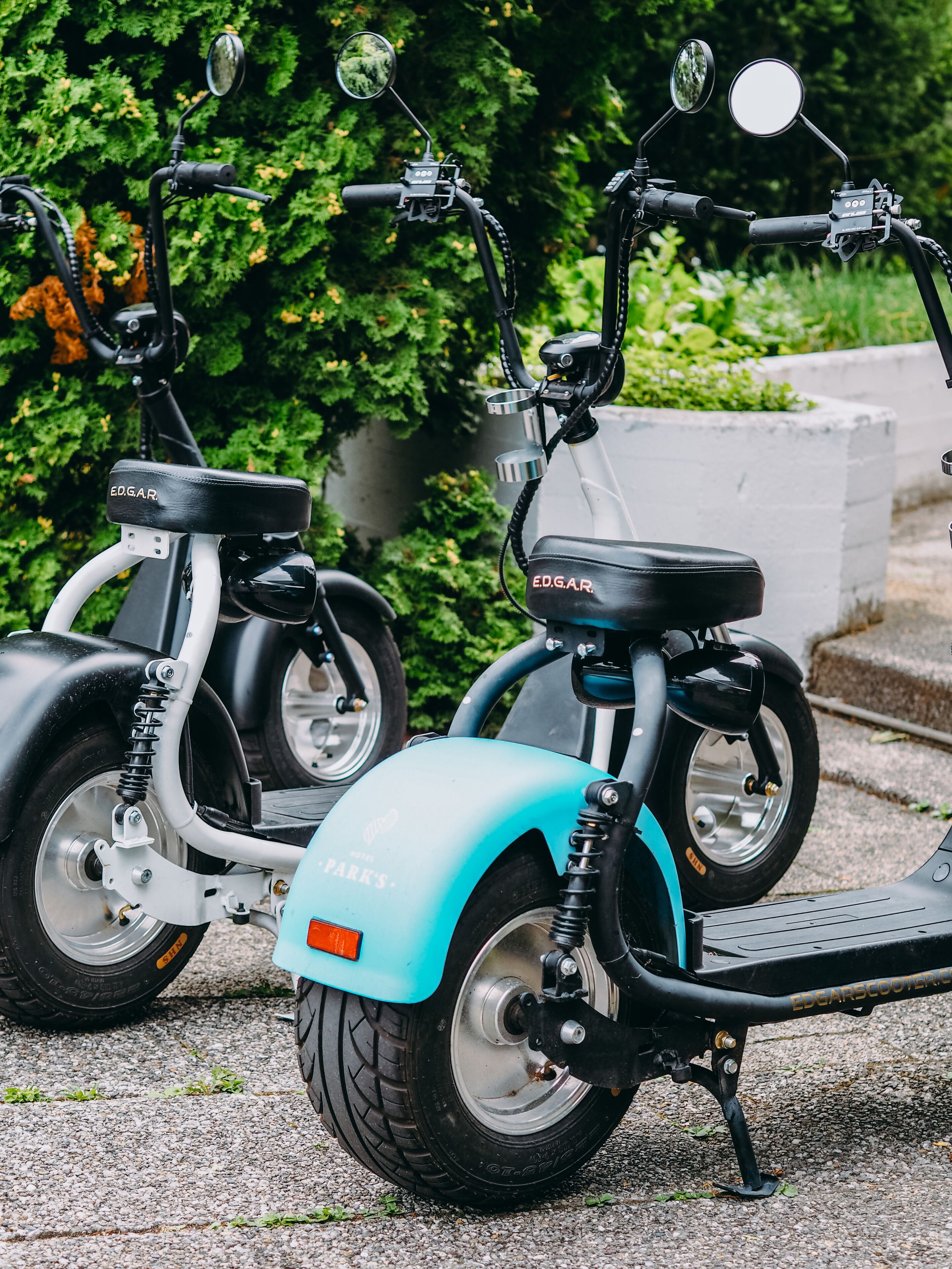 Dos scooters eléctricos estacionados sobre grava, con follaje al fondo.