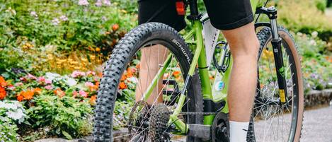 A person standing next to a green bicycle with a chain and gears, positioned on a paved surface with a garden in the background.