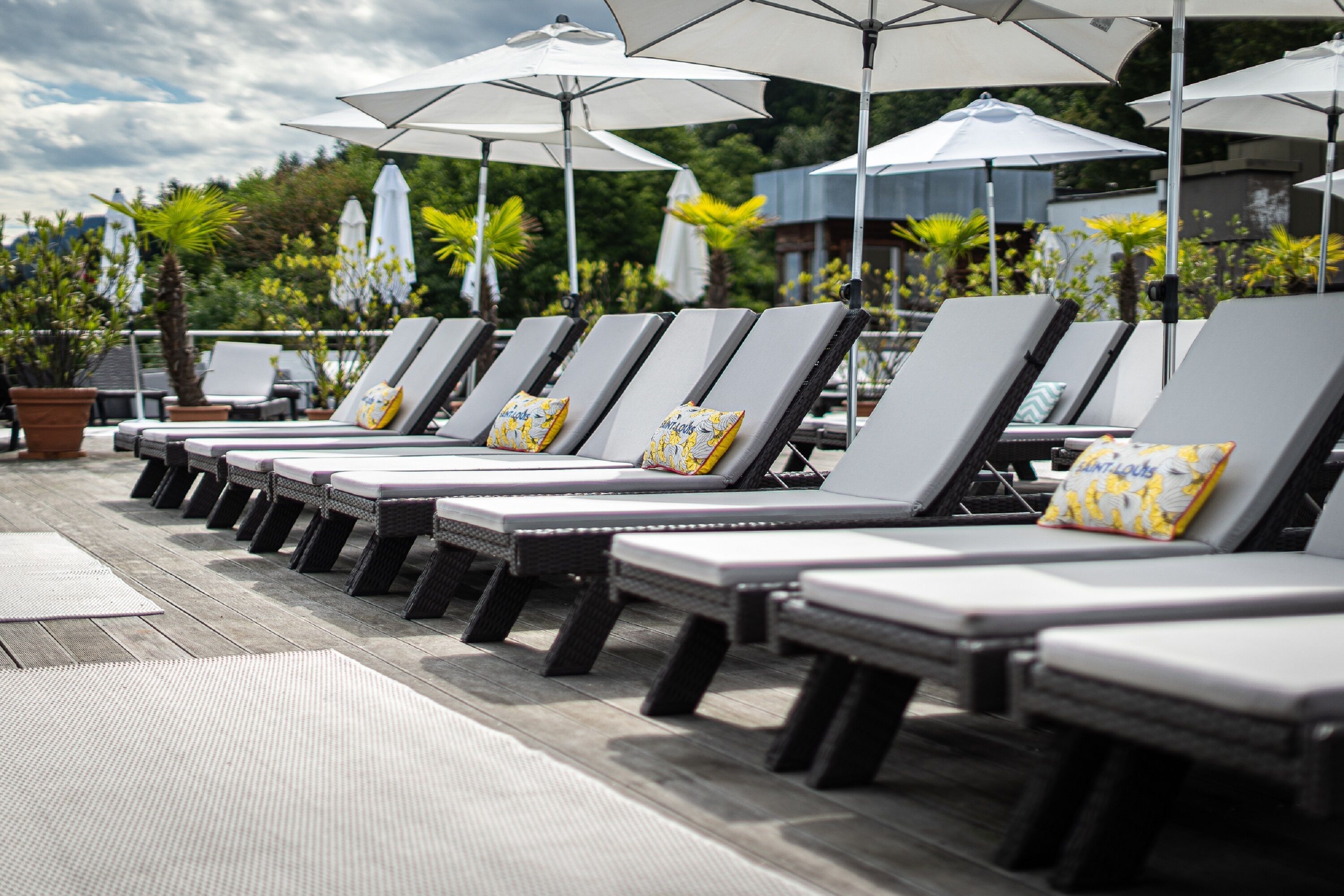 A row of sun loungers with umbrellas, arranged on a wooden deck with potted plants and a view of greenery in the background.