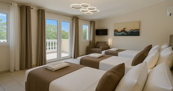 A hotel room with two beds, a sofa, a TV, and a balcony with curtains. - Villa Small Paradise (Rhodes)