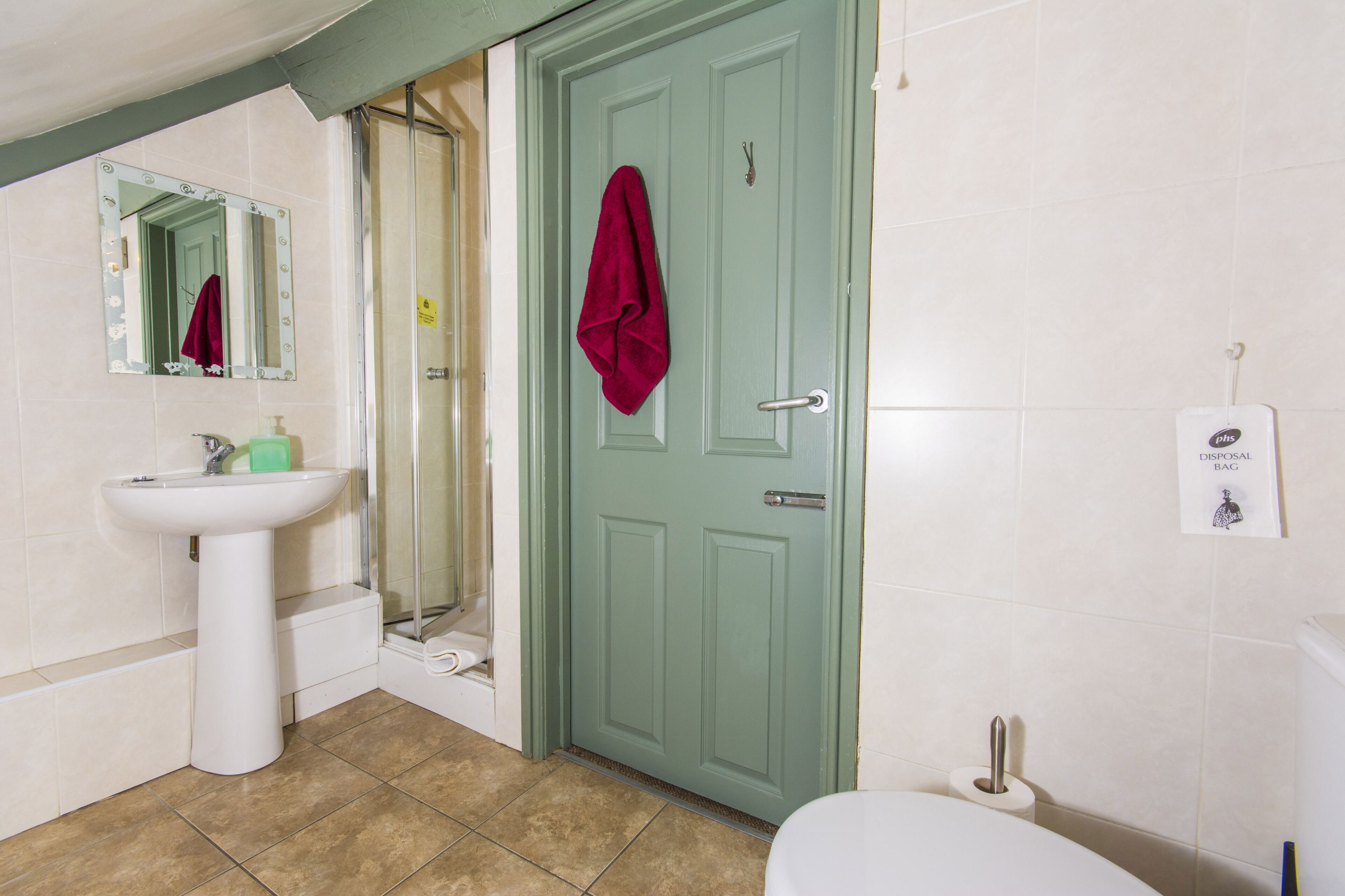 A bathroom with a sink, mirror, green door, and a towel hanging on the door.