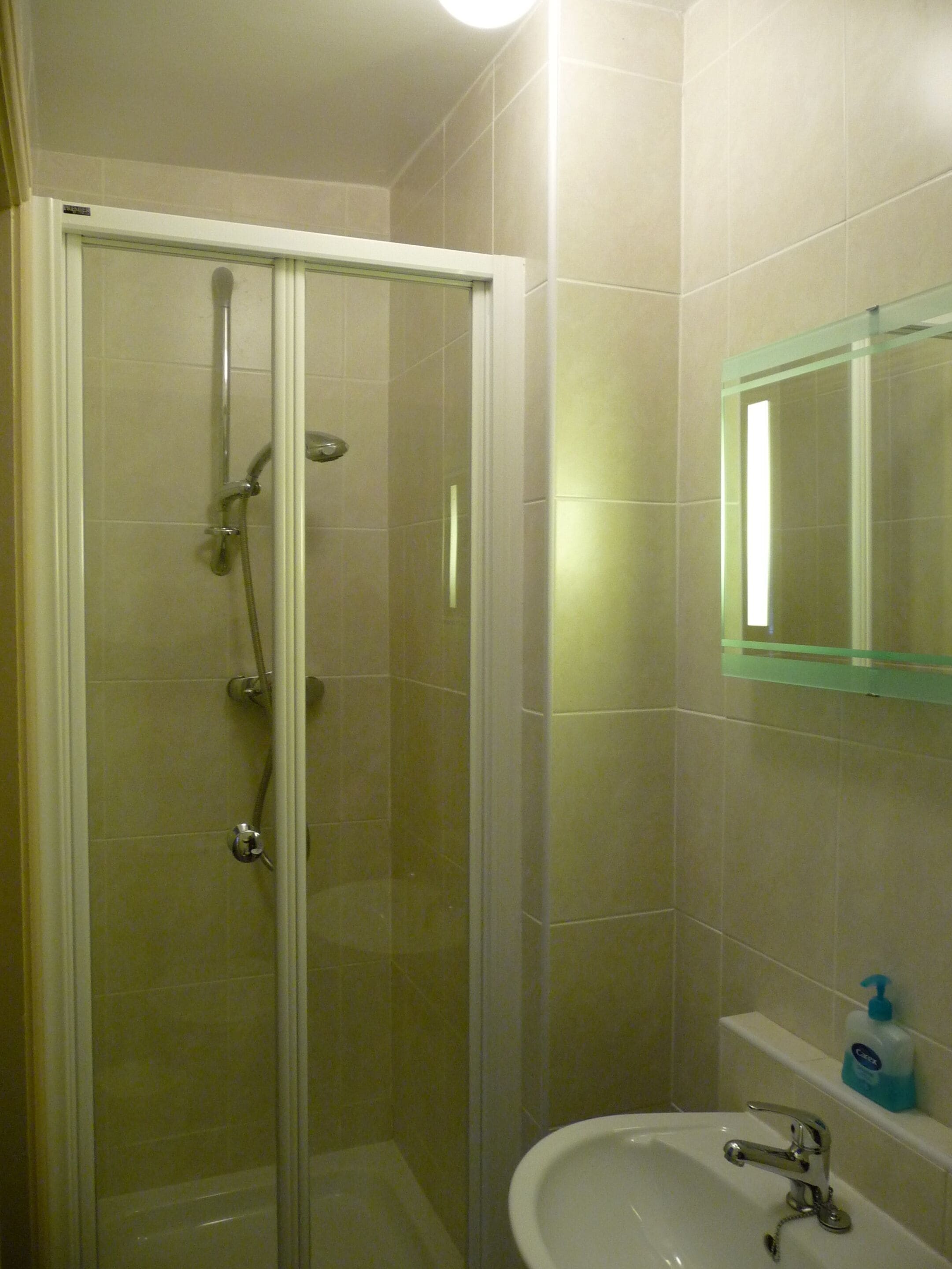 Een badkamer met een douche met glazen wand, een wastafel en een spiegel erboven.
