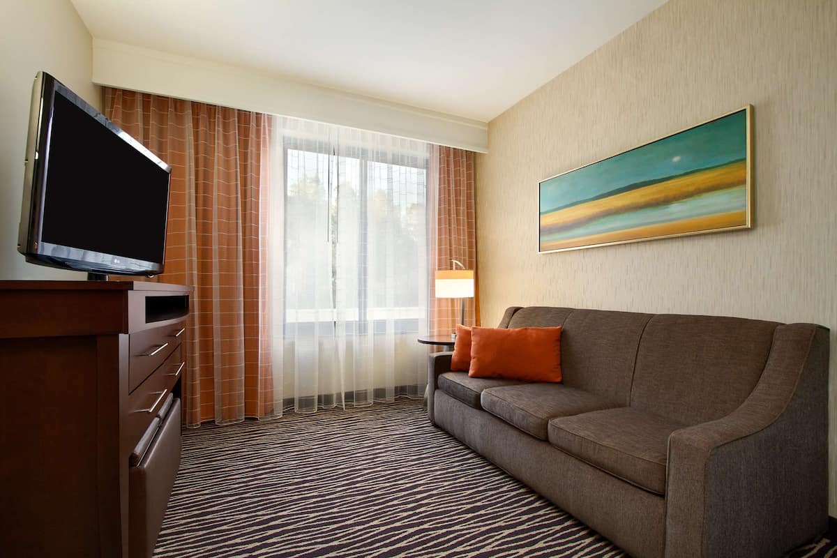 A hotel room with a flat-screen TV, a sofa, a painting, and a patterned carpet.