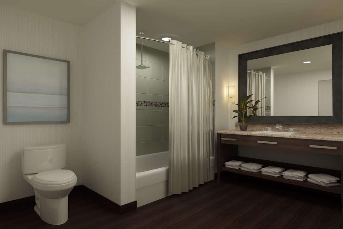 A modern bathroom with a toilet, shower, and sink area.