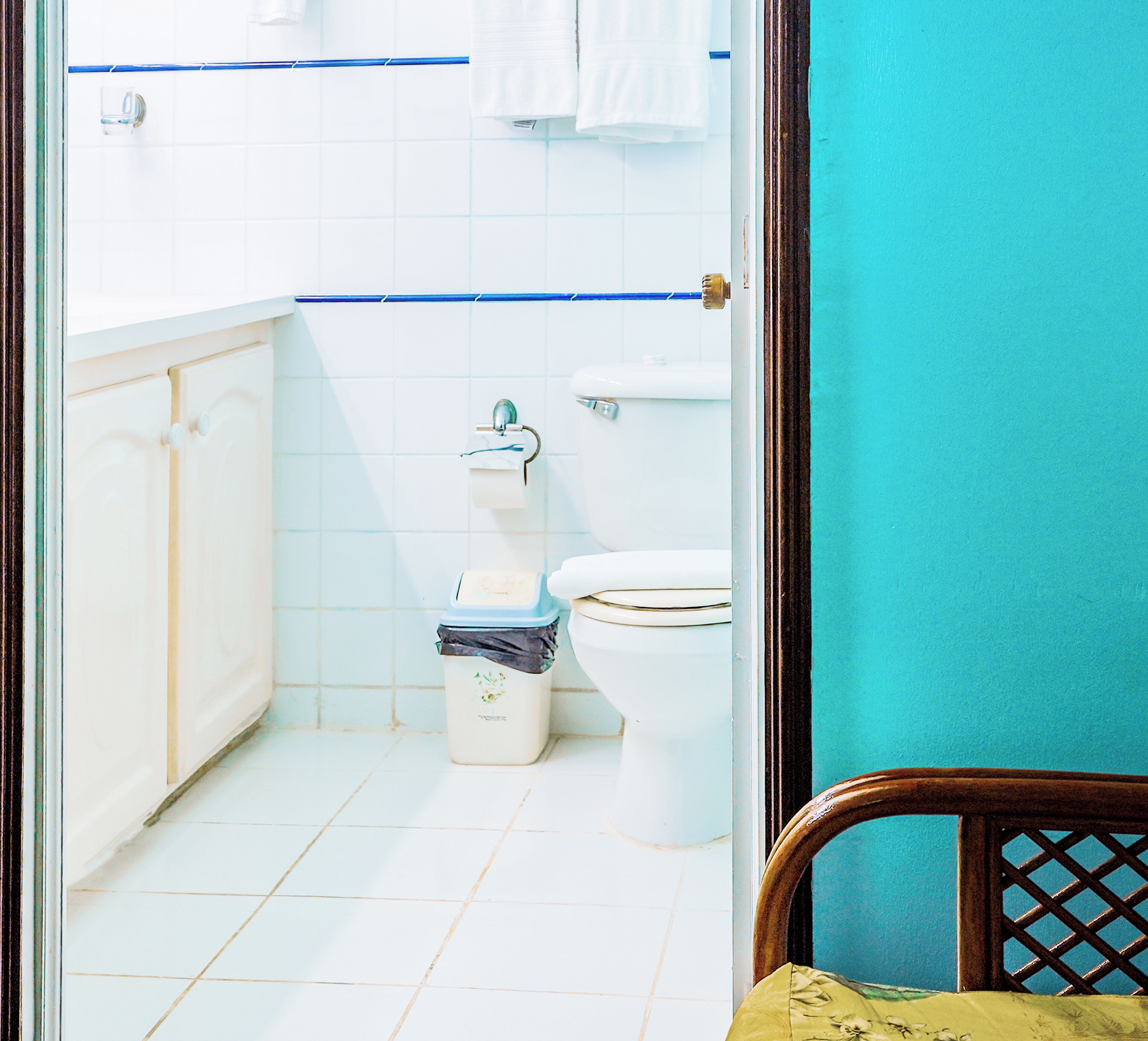 Casa de banho com sanita, um contentor de lixo e um armário.