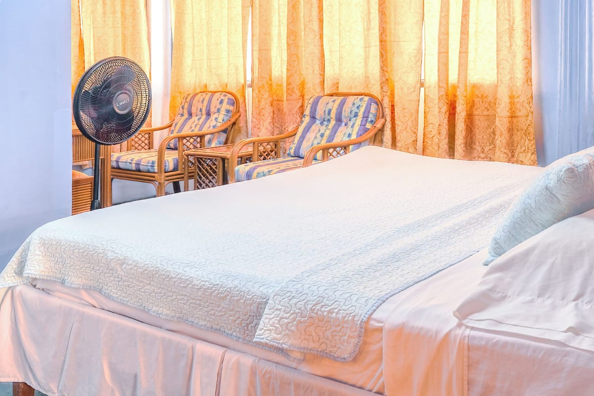 A hotel room with a bed, two chairs, a standing fan, and curtains.