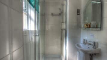 A bathroom with a glass-enclosed shower, a sink, and a mirror.