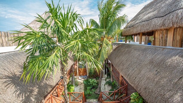 A thatched-roof structure with a wooden staircase leading to a covered area, surrounded by tropical vegetation. - Kin Ha Tulum Hotel (Tulum)