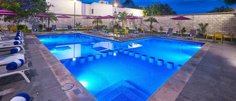 Outdoor pool, open 8:00 AM to 8:00 PM, pool umbrellas, pool loungers