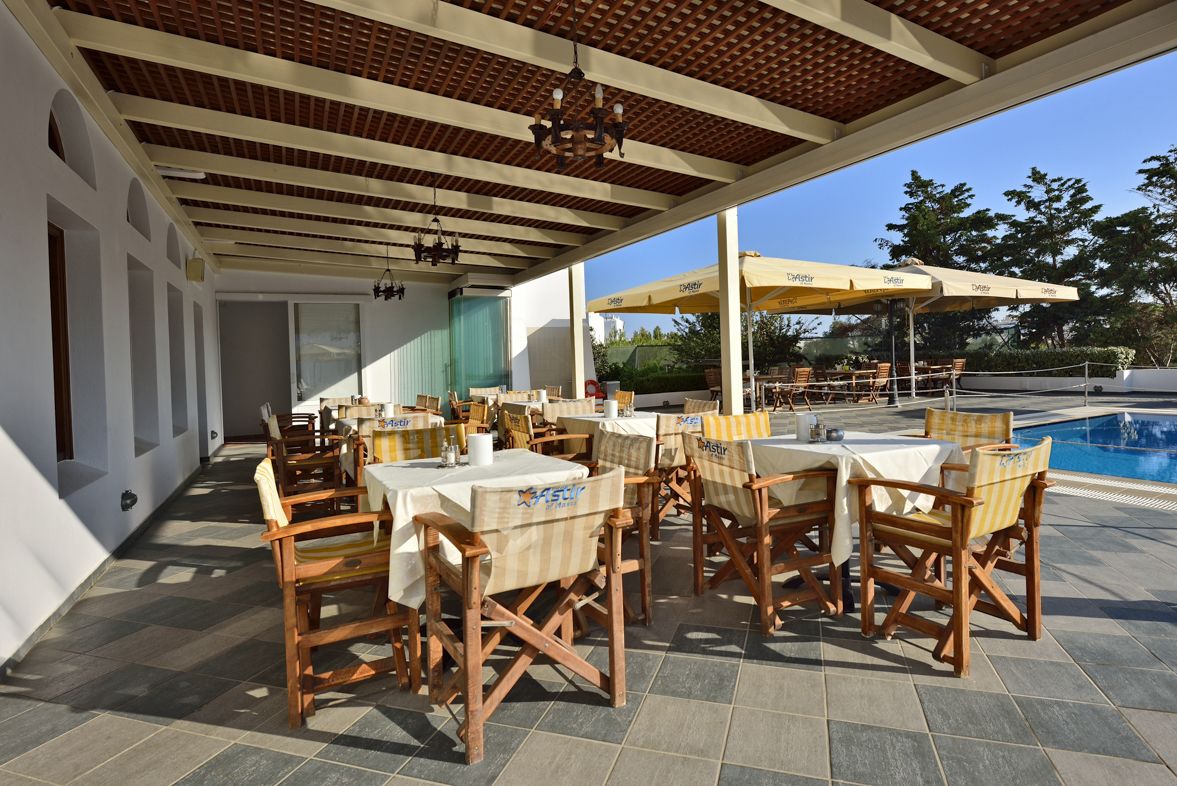 An outdoor dining area with tables and chairs, a pool, and umbrellas.