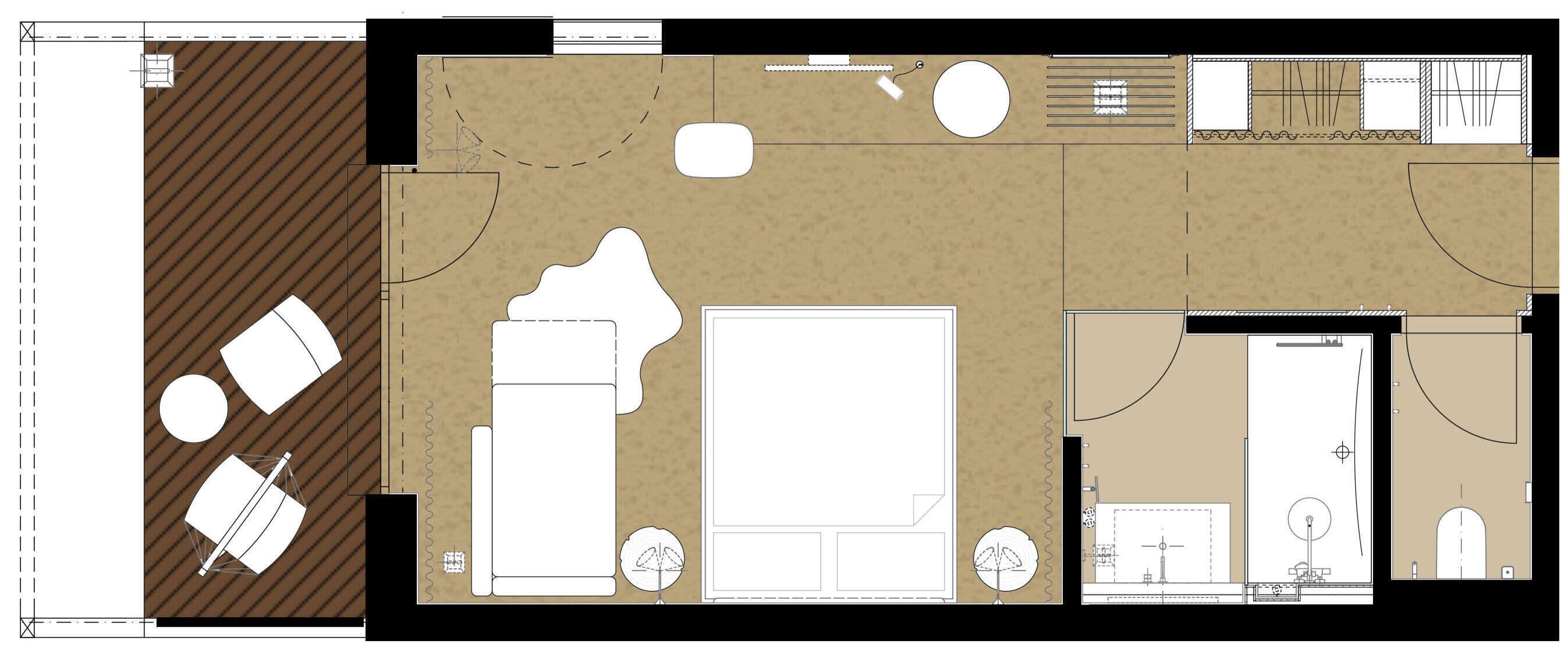Un plano de planta que muestra una habitación central amplia, una habitación más pequeña con una puerta y un baño.