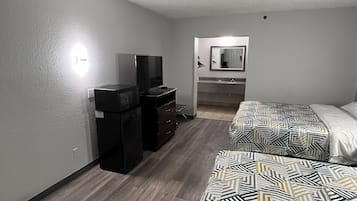 Desk, laptop workspace, blackout curtains, iron/ironing board