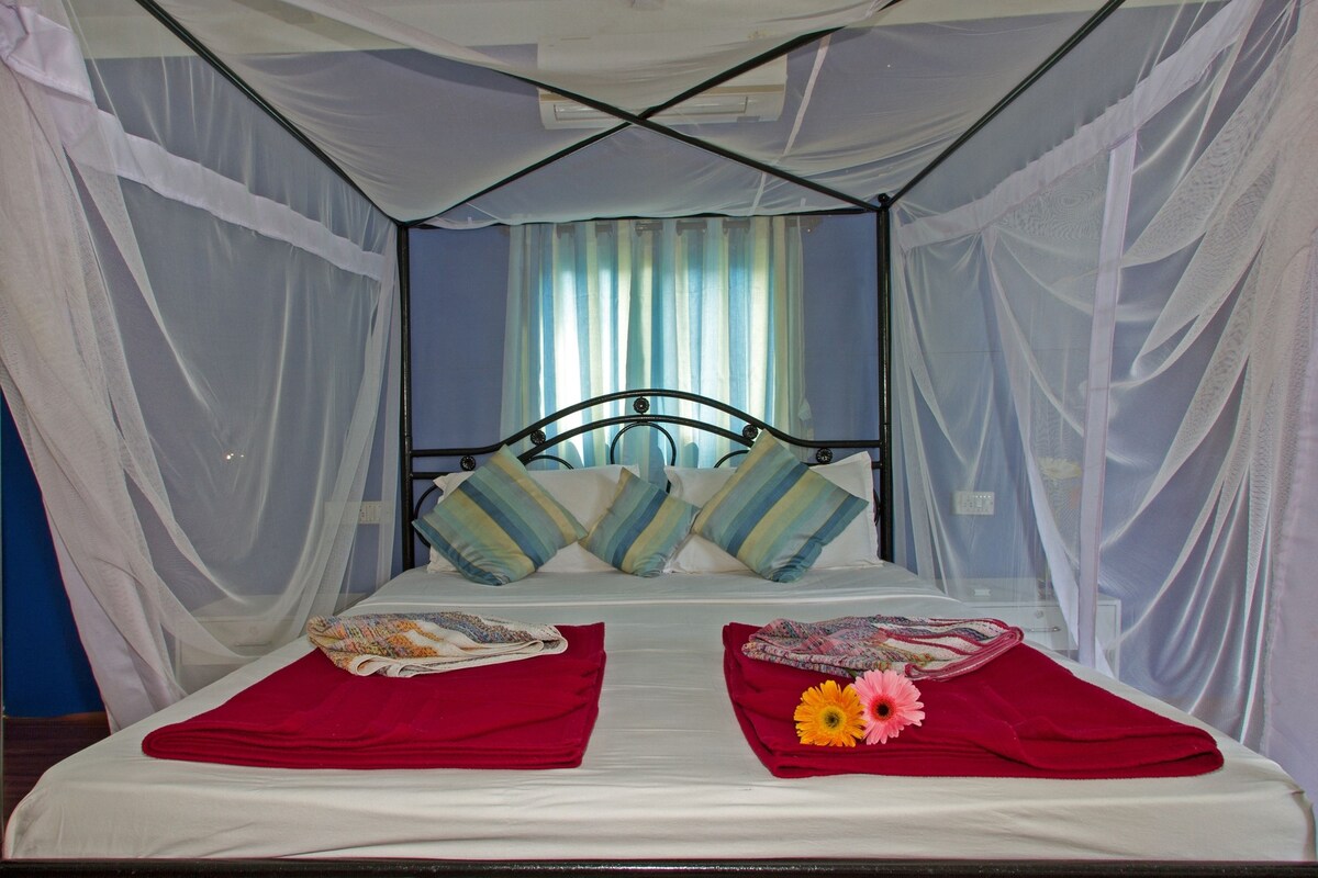 Ein Bett mit Moskitonetz, Kissen und einer roten Decke.