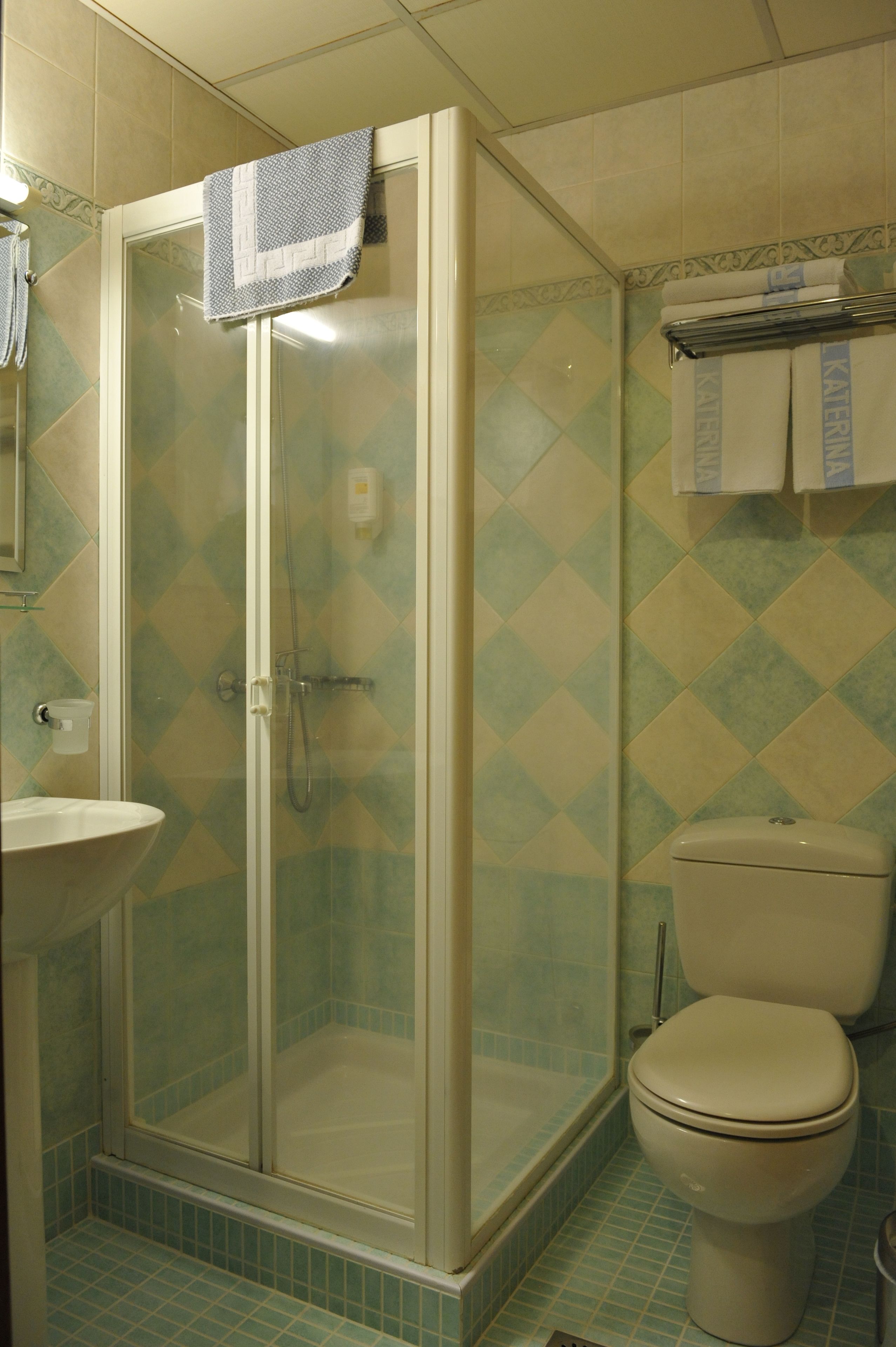 Une salle de bain avec une douche à parois de verre, des toilettes et un lavabo.