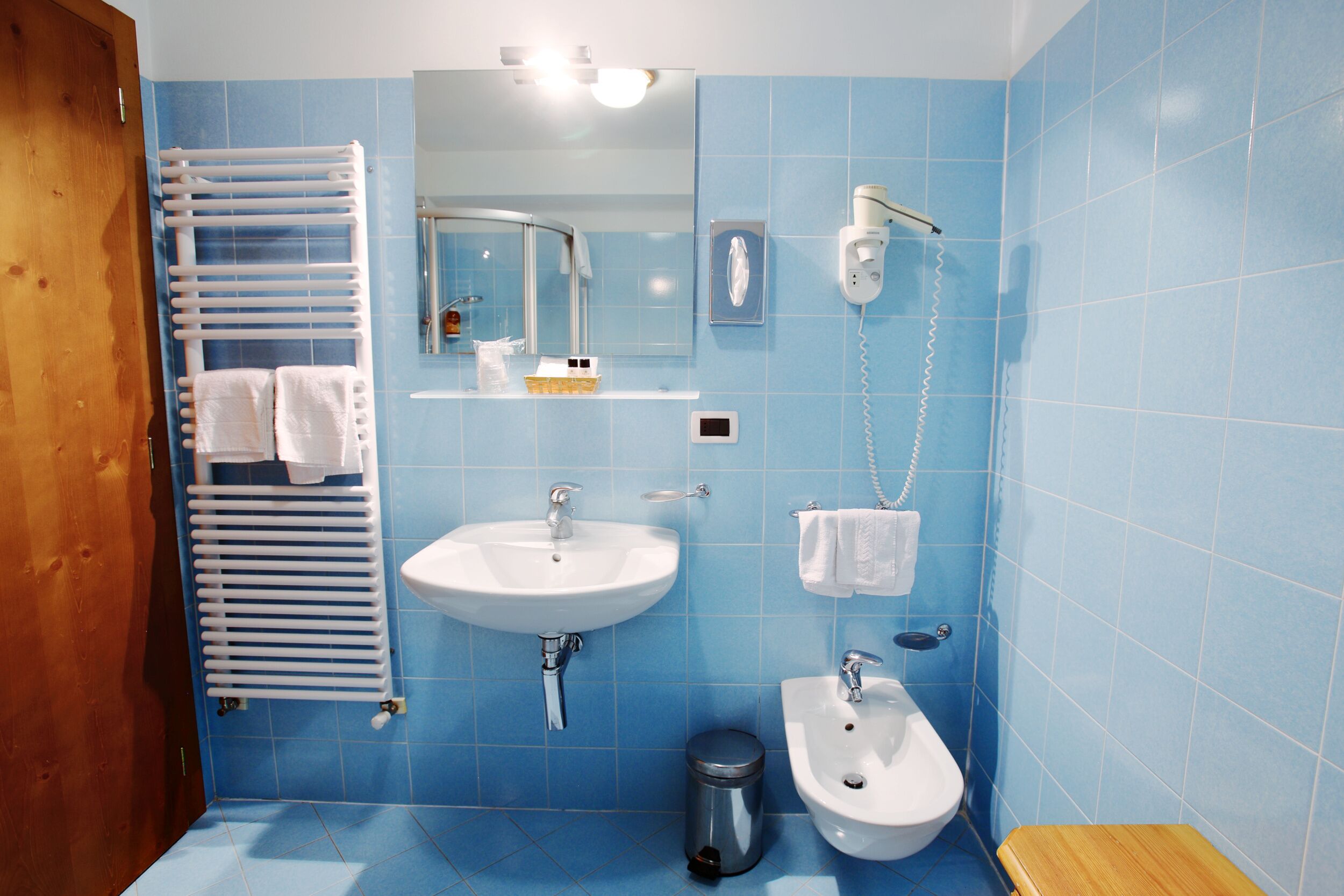 A bathroom with a sink, bidet, and towel rack.