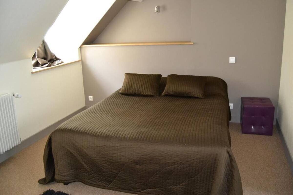 Een slaapkamer met een schuine hemel, een bed met een bruine deken, een raam en een radiator.