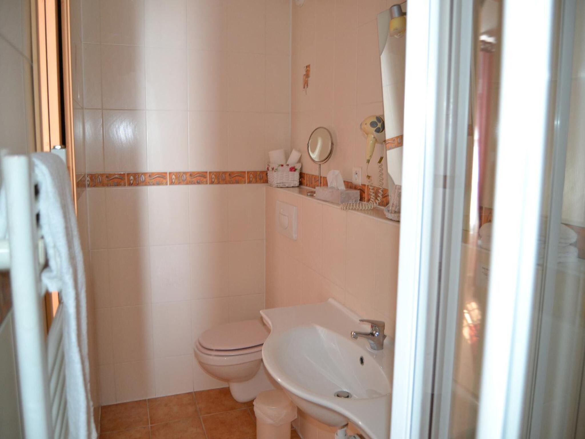 A bathroom with a toilet, sink, and mirror.