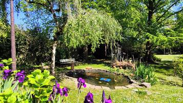 A garden with a pond, purple flowers, and a lamp post.