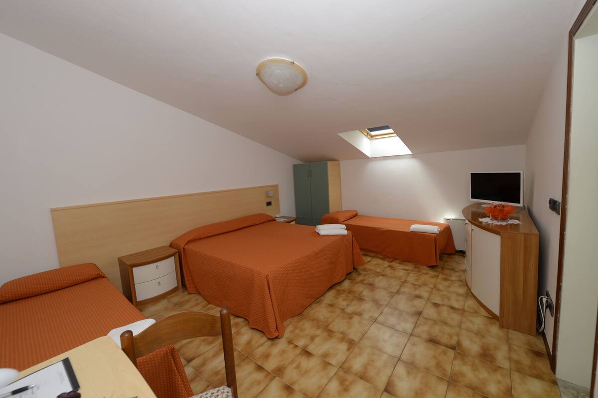 Une chambre avec deux lits, un bureau, une télévision et une salle de bain.
