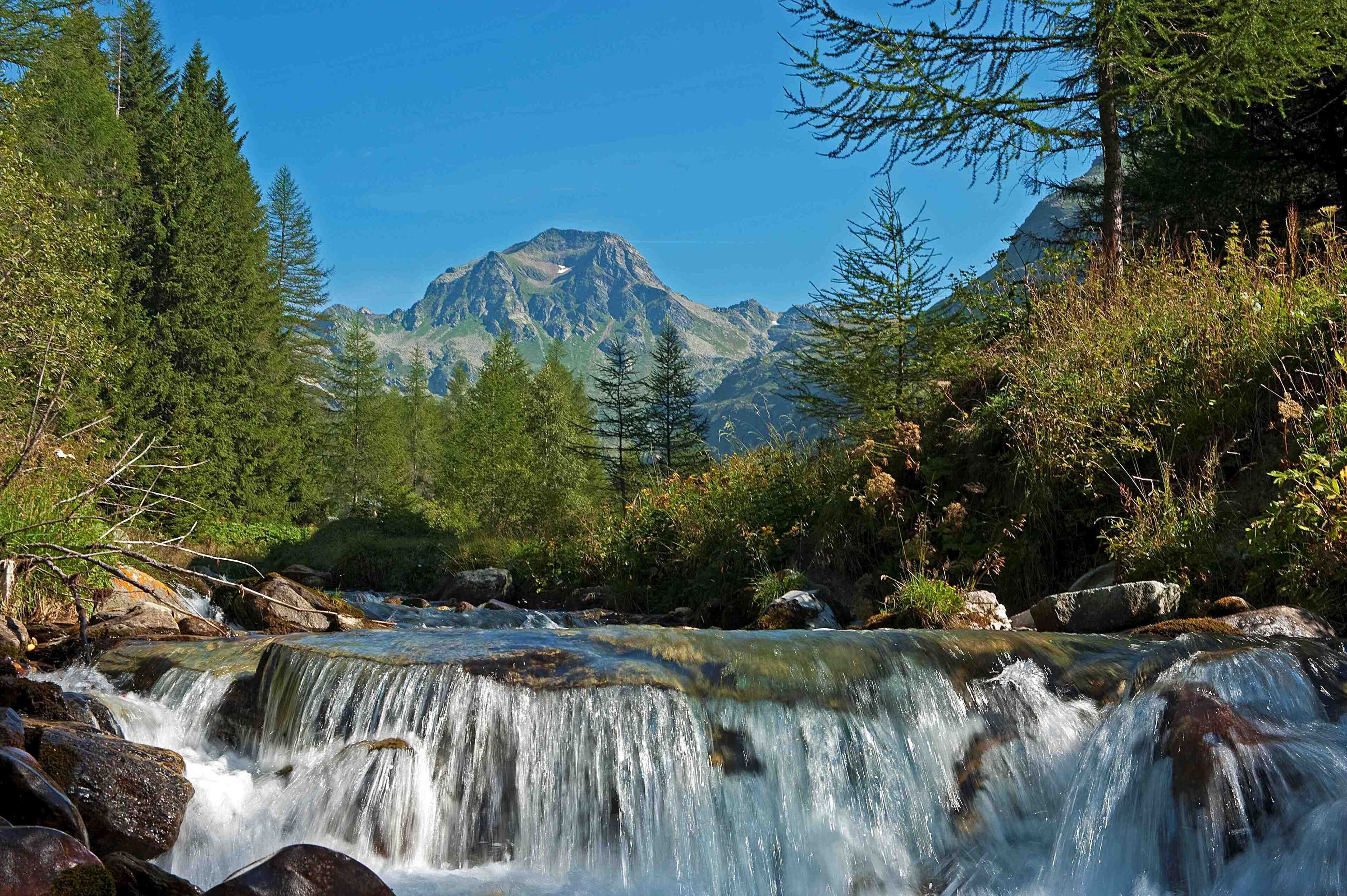 A waterfall surrounded by dense forest and mountains in the background.