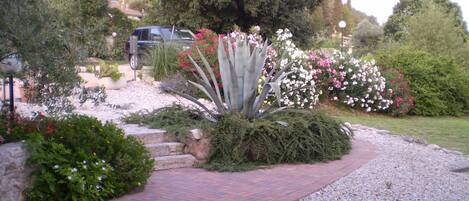 Un jardín con sendero adoquinado, diversas plantas y un automóvil estacionado.
