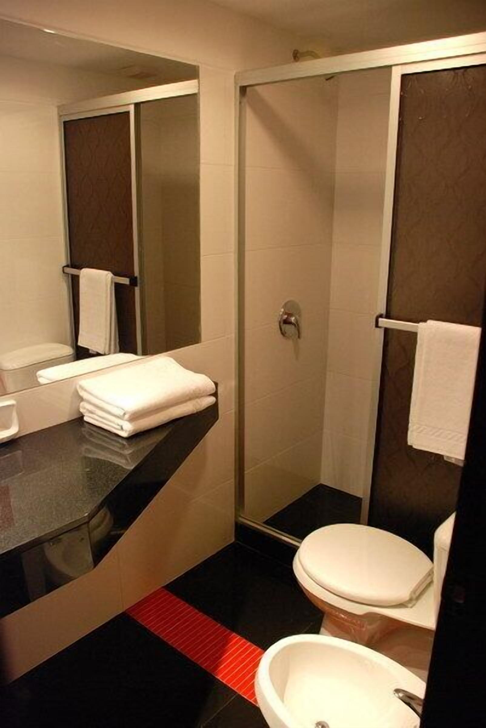 A modern bathroom with a shower, toilet, and sink.