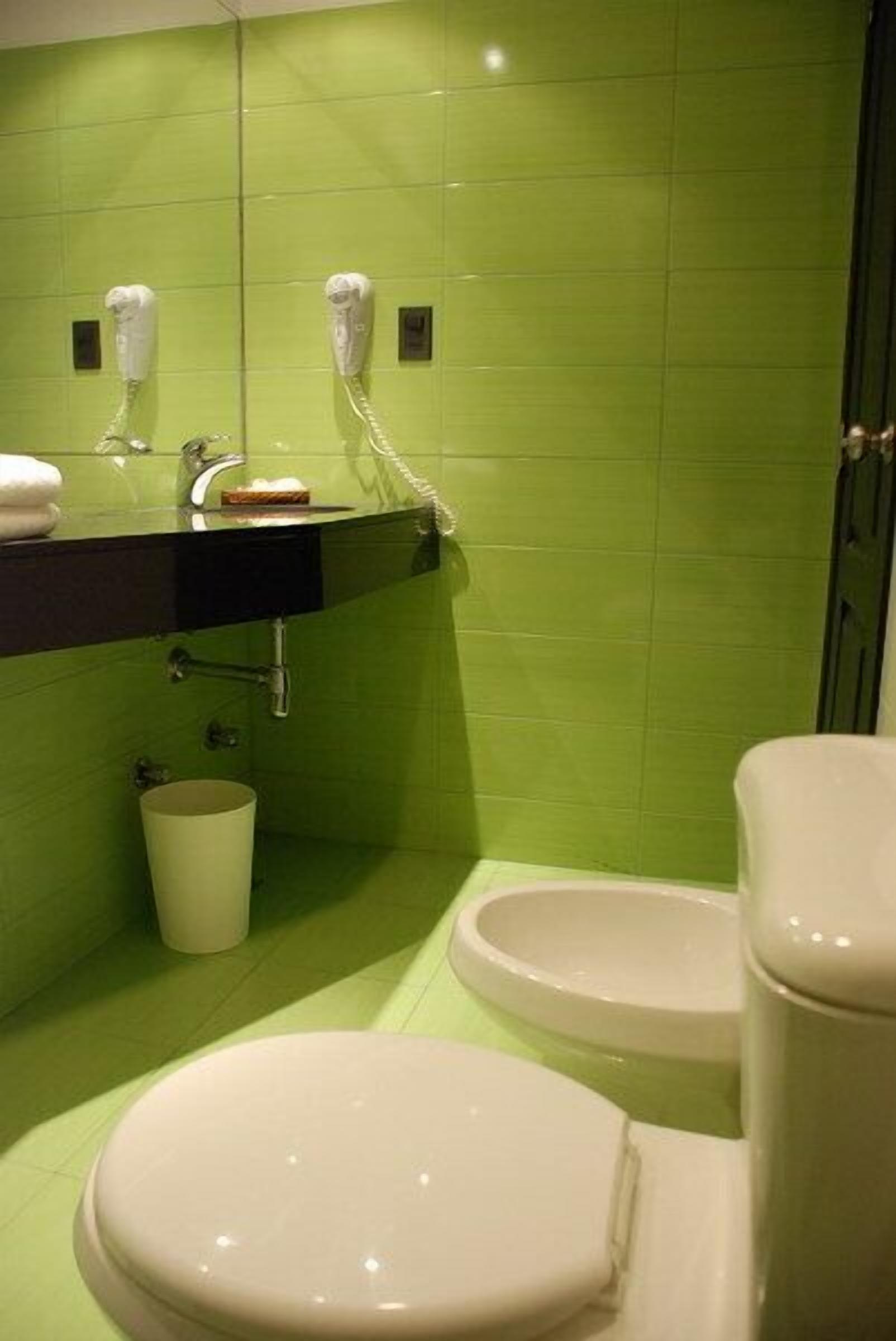 Un baño con paredes de azulejos verdes, un lavabo negro, dos secadores de pelo, un inodoro blanco y un bidé.