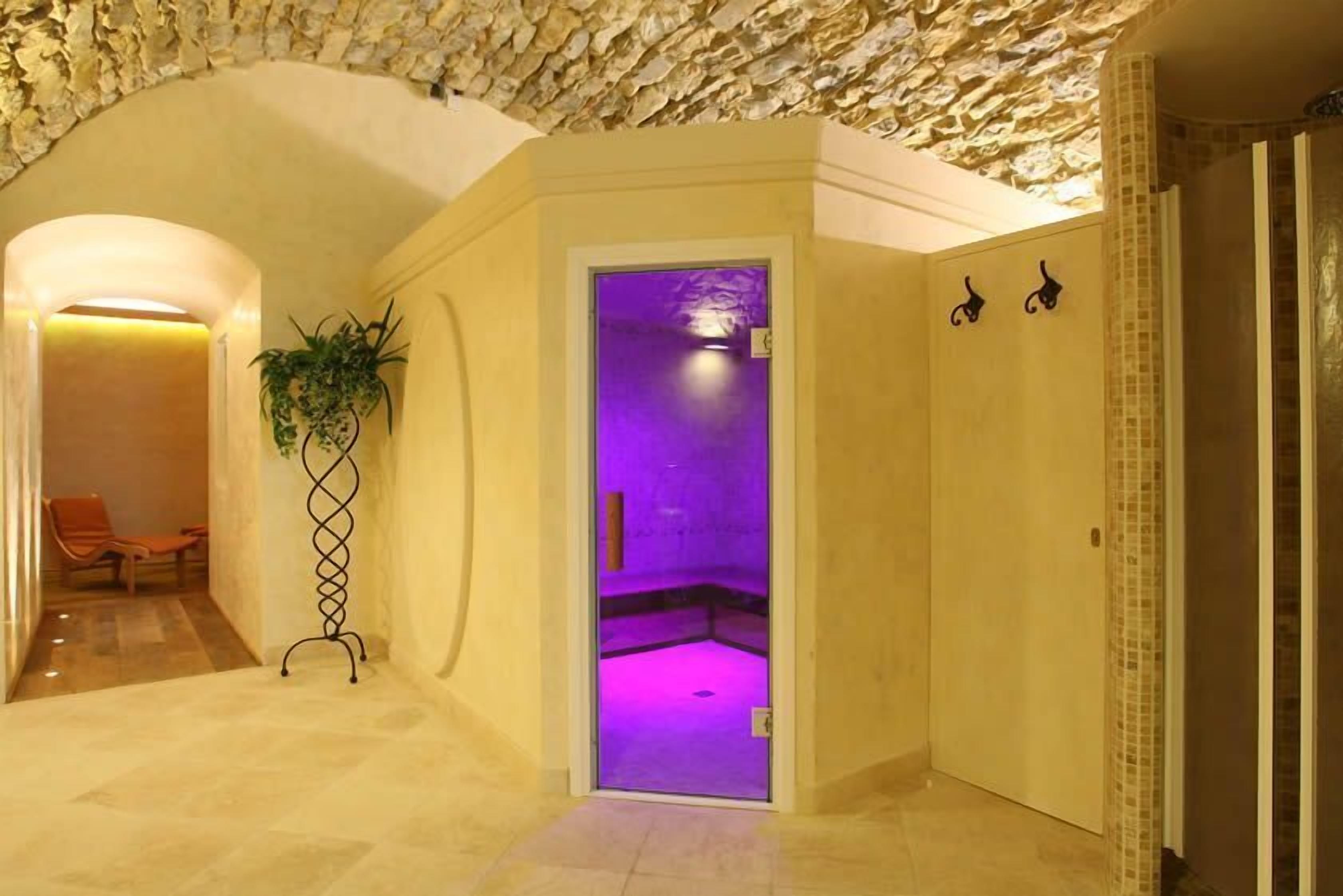 A hallway with a stone ceiling, a door leading to a room with purple lighting, and a plant on a metal stand.