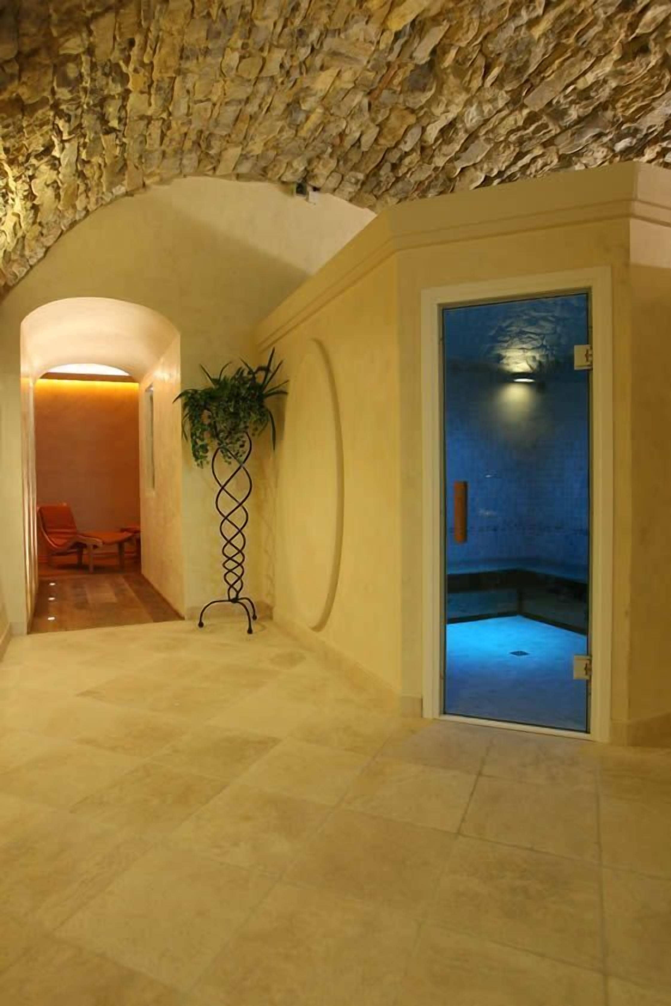 A hallway with a stone ceiling, a potted plant, and a door leading to a room with a blue-tiled floor.