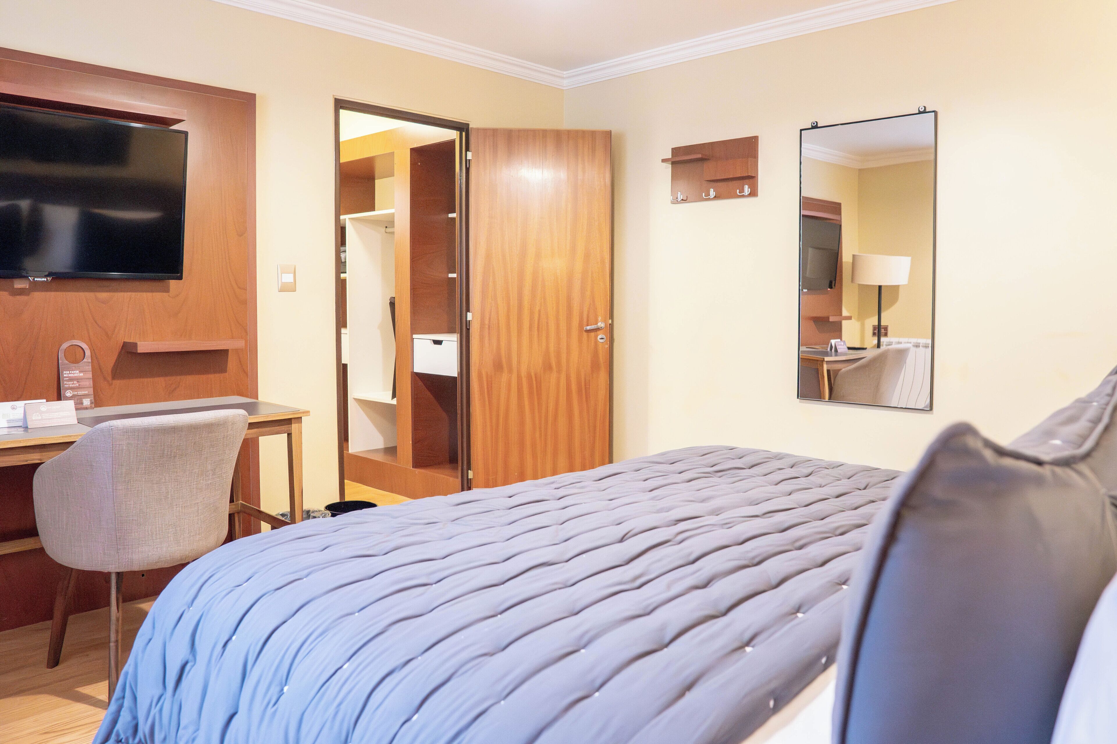 A hotel room with a bed, a desk with a chair, a TV, a mirror, and a wardrobe.