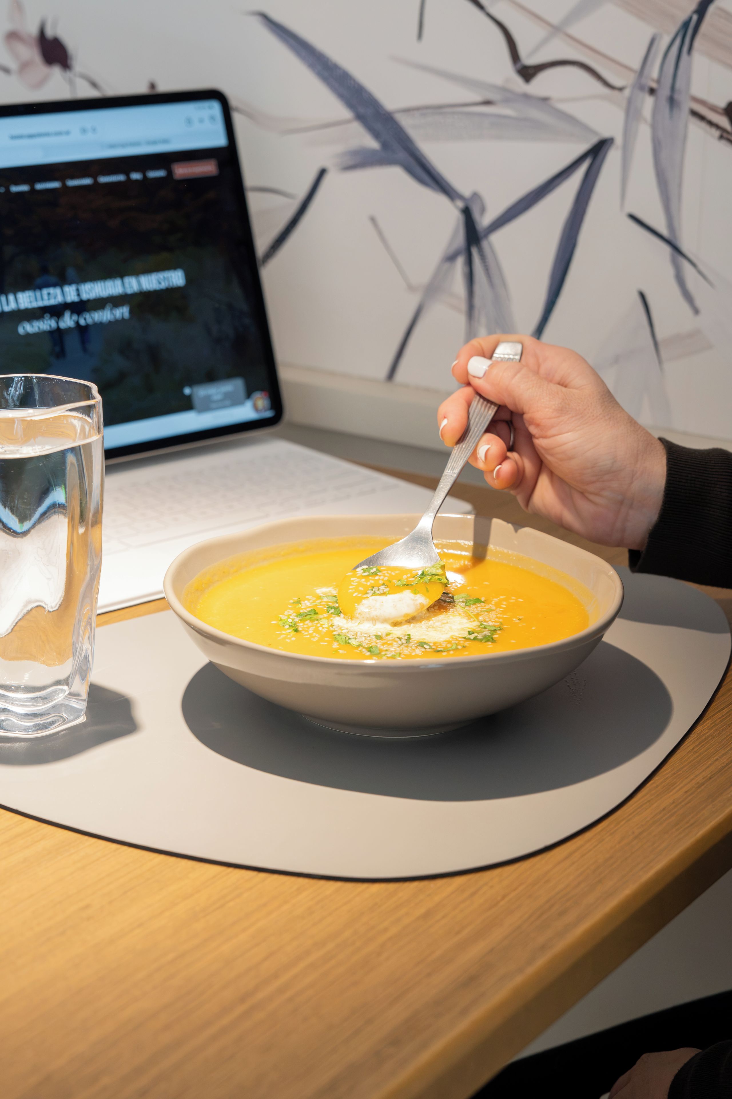 A bowl of soup with a spoon, a glass of water, and a laptop on a table.