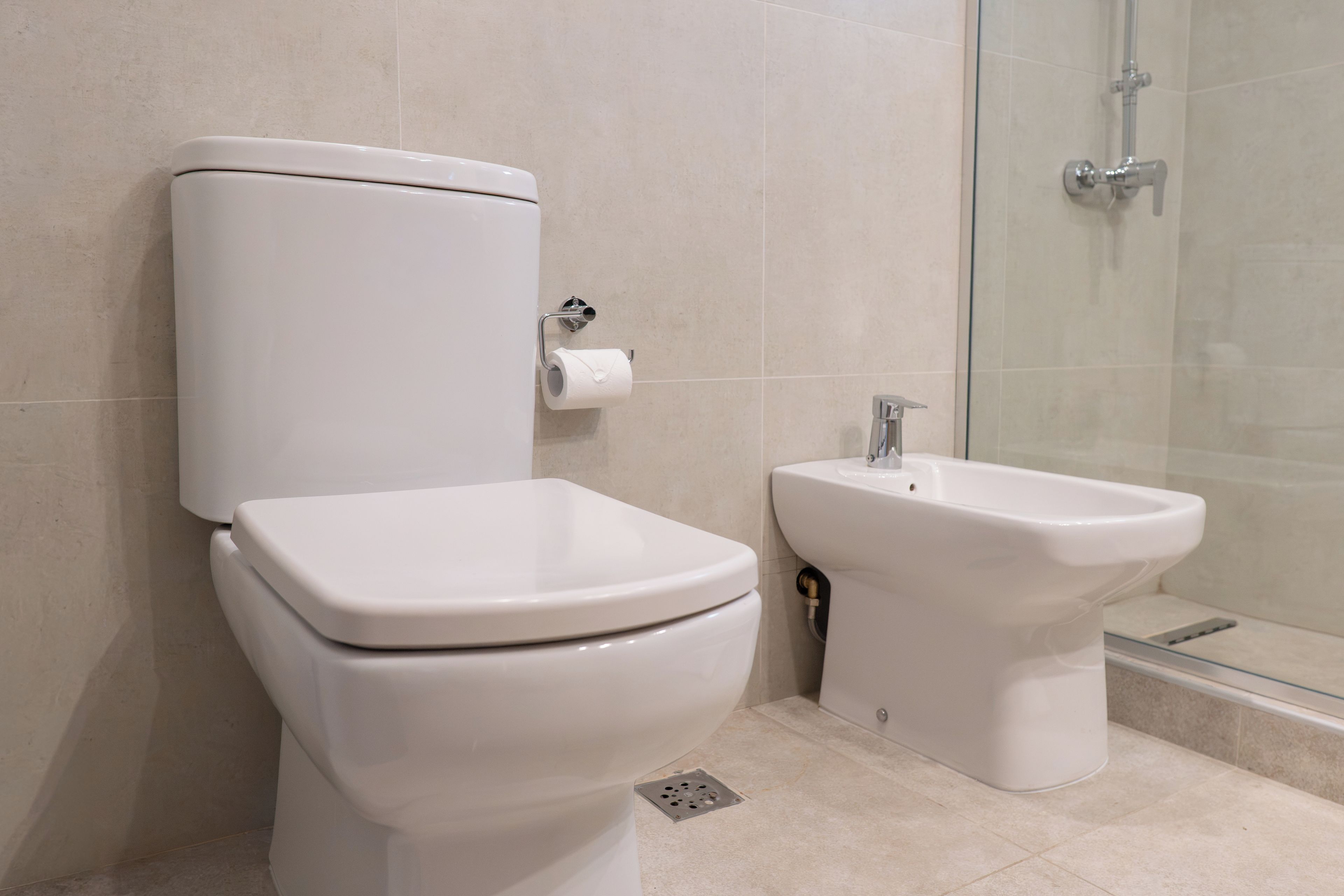 A bathroom with a toilet, bidet, and shower.