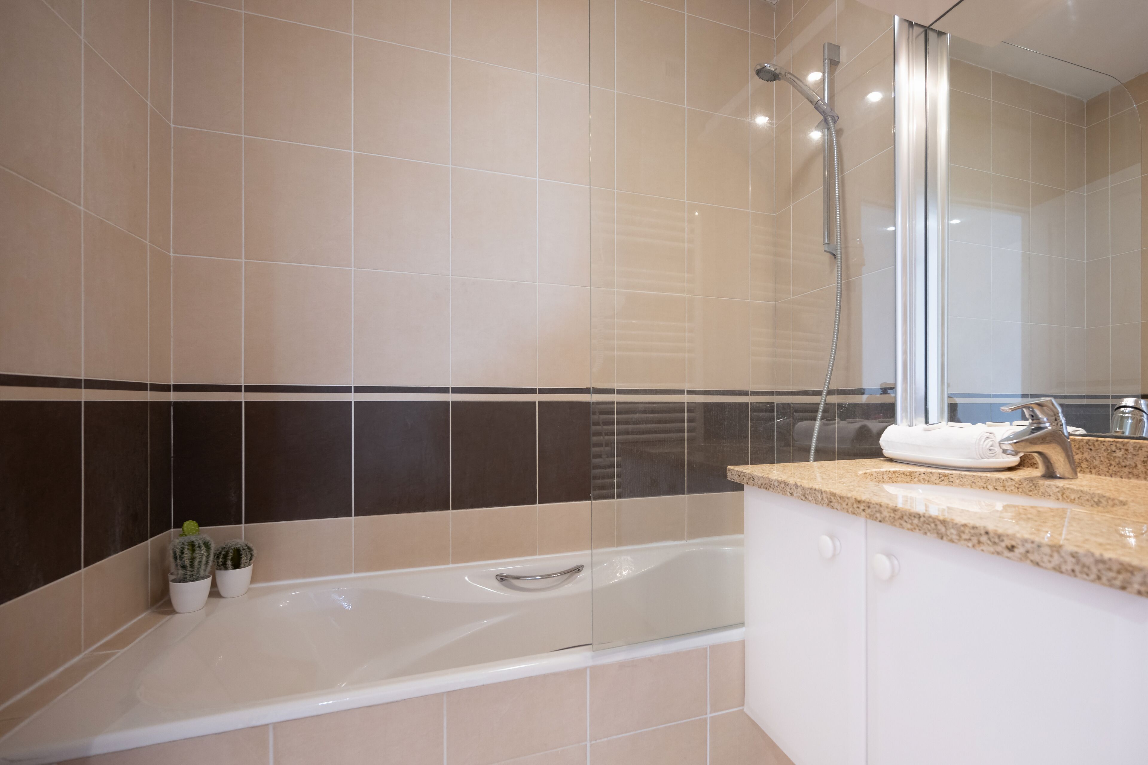 Un baño moderno con bañera, ducha y lavamanos con encimera de granito.
